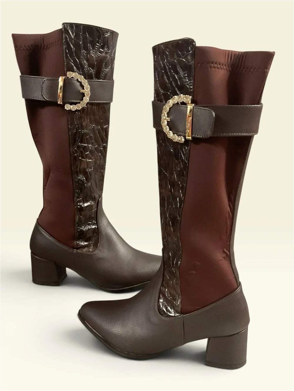 Brown Mid-Calf Block Heel Women's Size 6.5 Boots with Gold Buckle